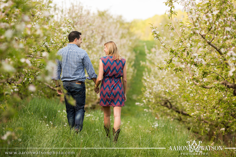 Couple walking through apple orchard