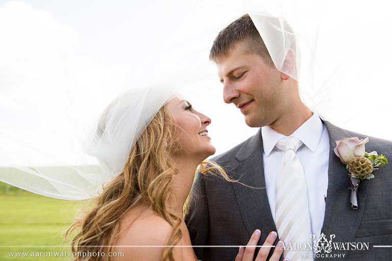 Bride and groom under veil