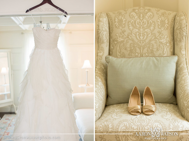 gold shoes and ruffled wedding dress