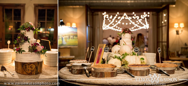 rustic wedding cake and pie chest desserts