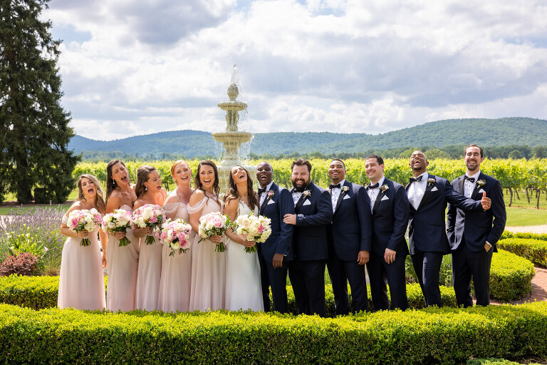 Best Charlottesville Wedding Venue Keswick Vineyards bridal party fountain blue ridge mountains