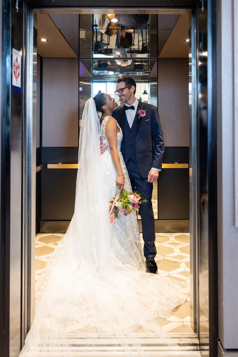 bride and groom elevator shot