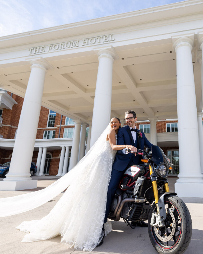Front Drive Motorcycle shot of bride & groom the forum hotel creative wedding photography ideas