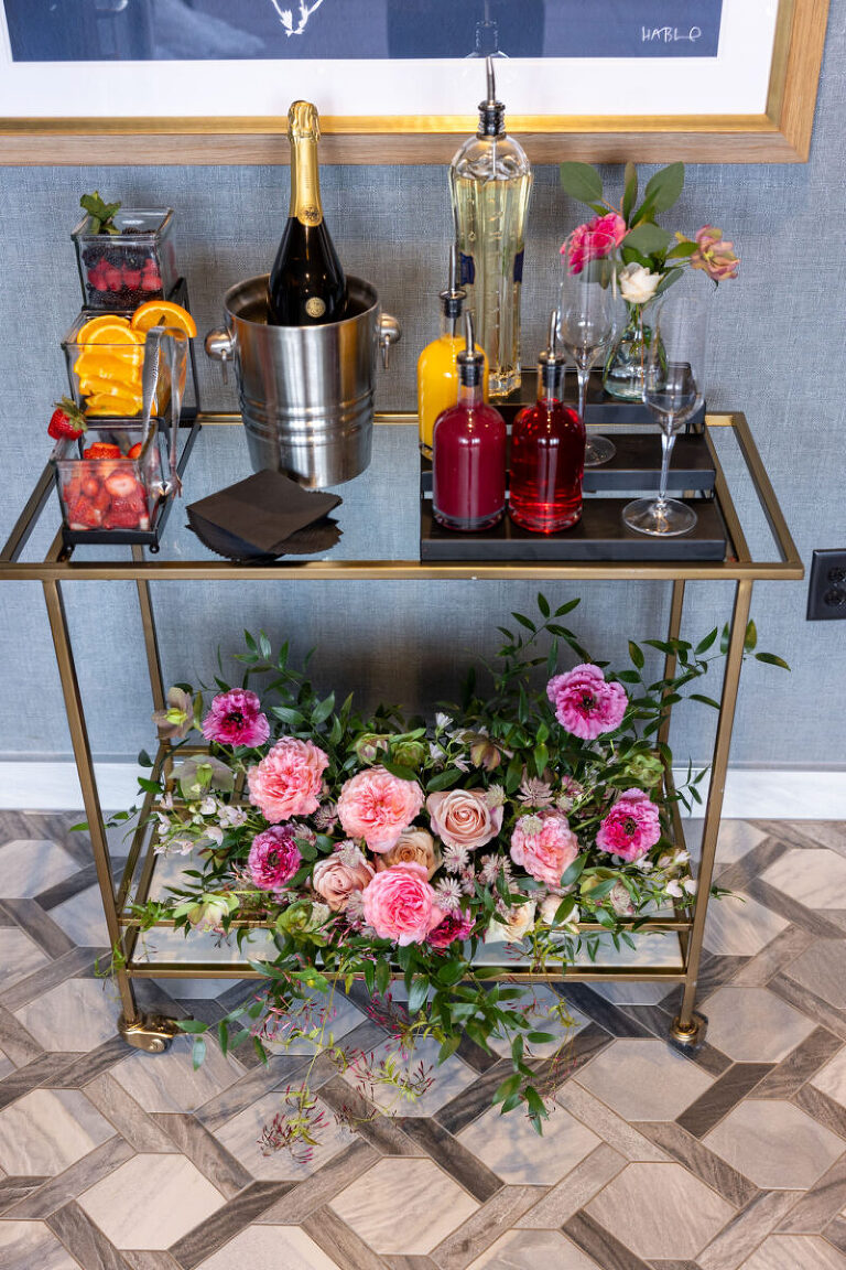 Kimpton The Forum Hotel Wedding bar ideas floral inspiration Champagne Cart Shot